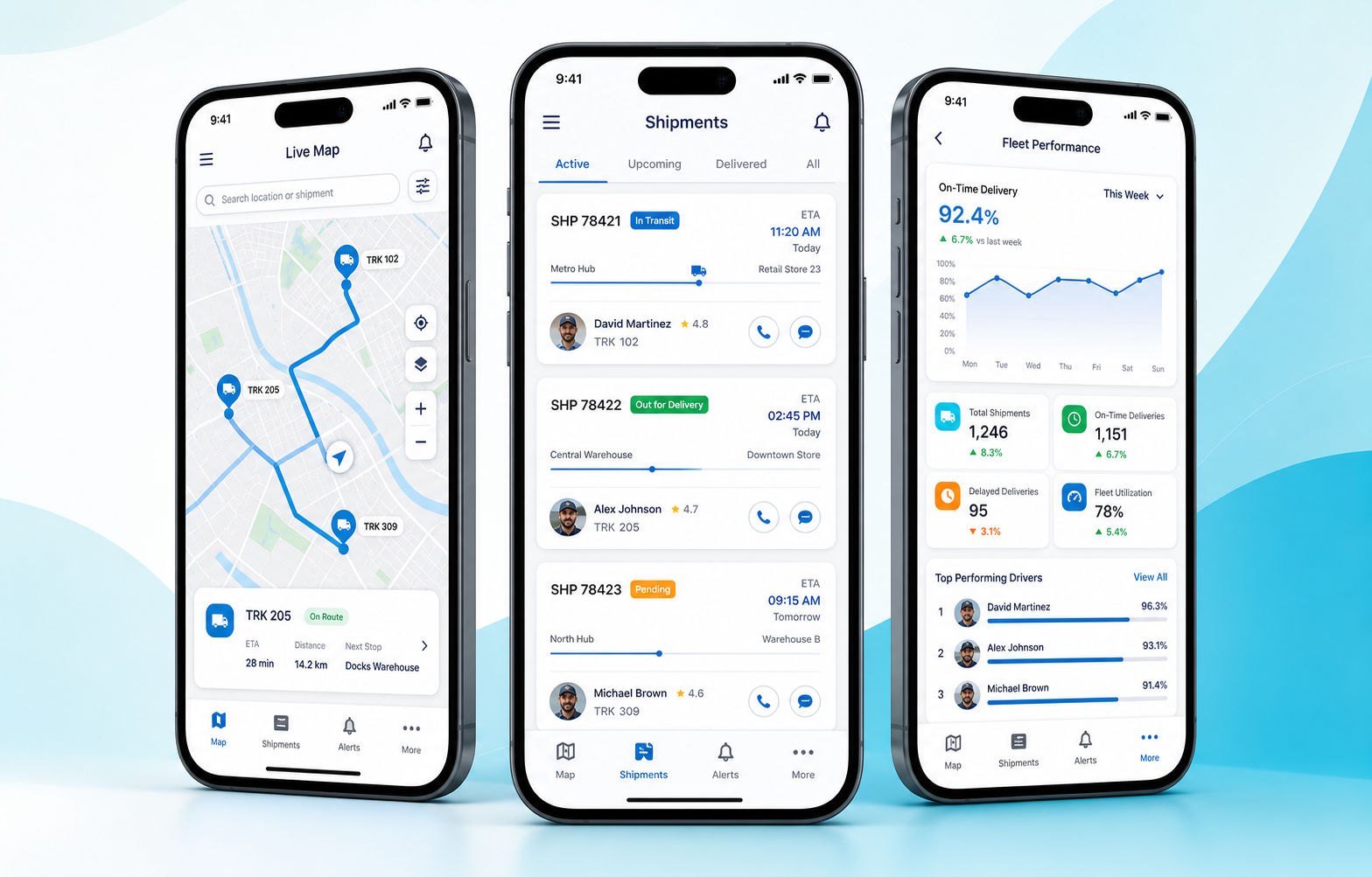 Three high-fidelity logistics mobile app screens